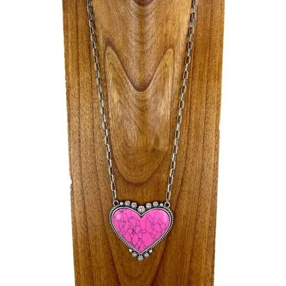 Pink Stone Heart Necklace Paper Clip Chain - Picture 1 of 2